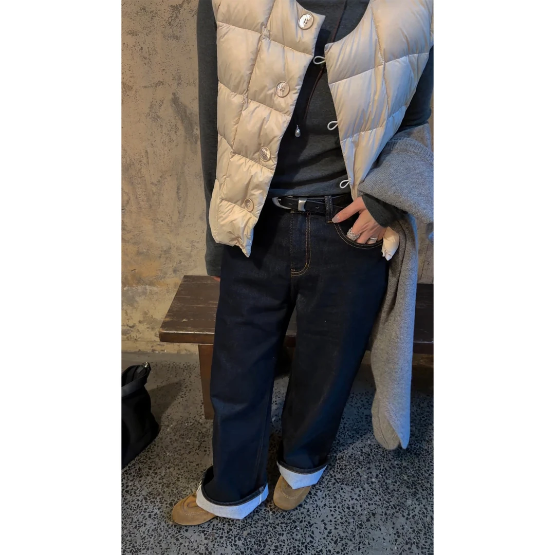 苏安家｜“帅气单宁”一体植绒加厚秋冬防褪色单宁深蓝牛仔裤长裤