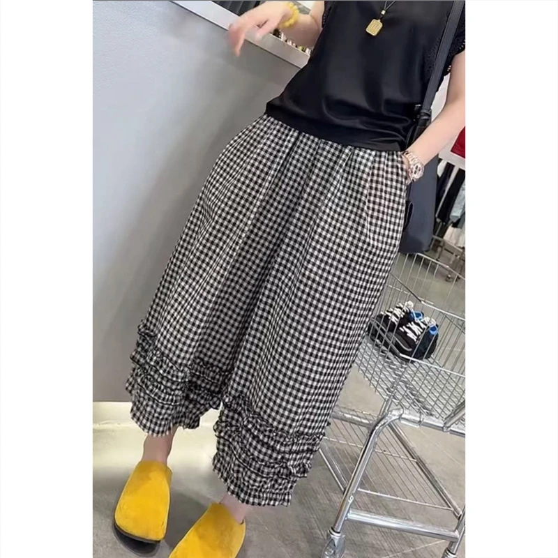 艾塔莉显瘦格子休闲裤女夏季新款设计感花苞裤宽松遮肉八分阔腿裤