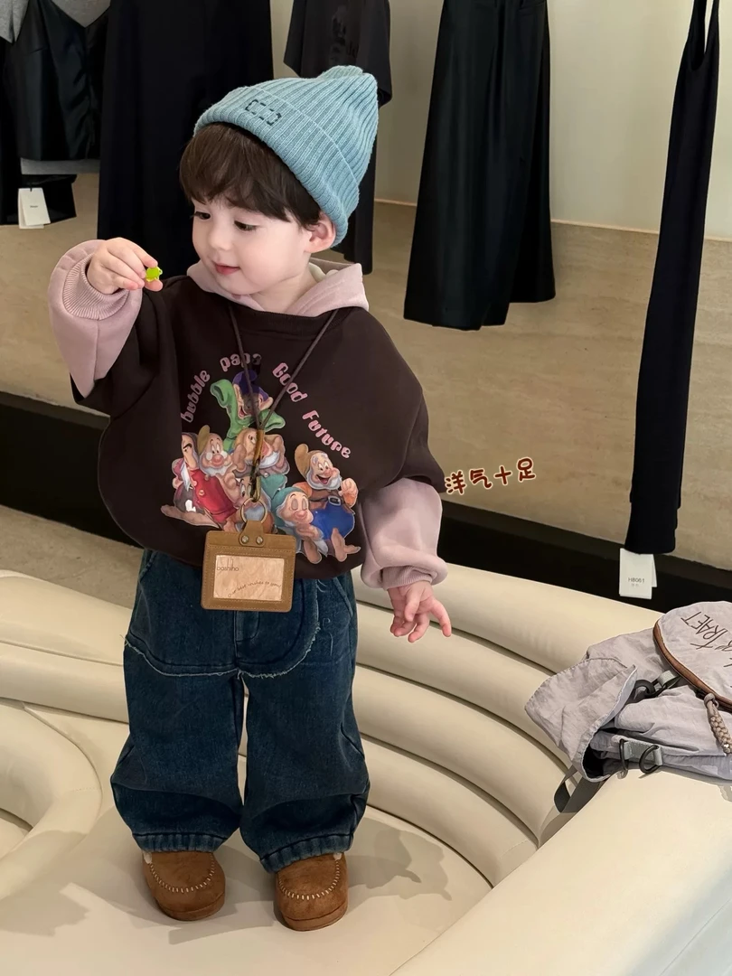 25秋冬季新品男童中小童动漫印花套头加绒连帽卫衣+加绒牛仔裤潮