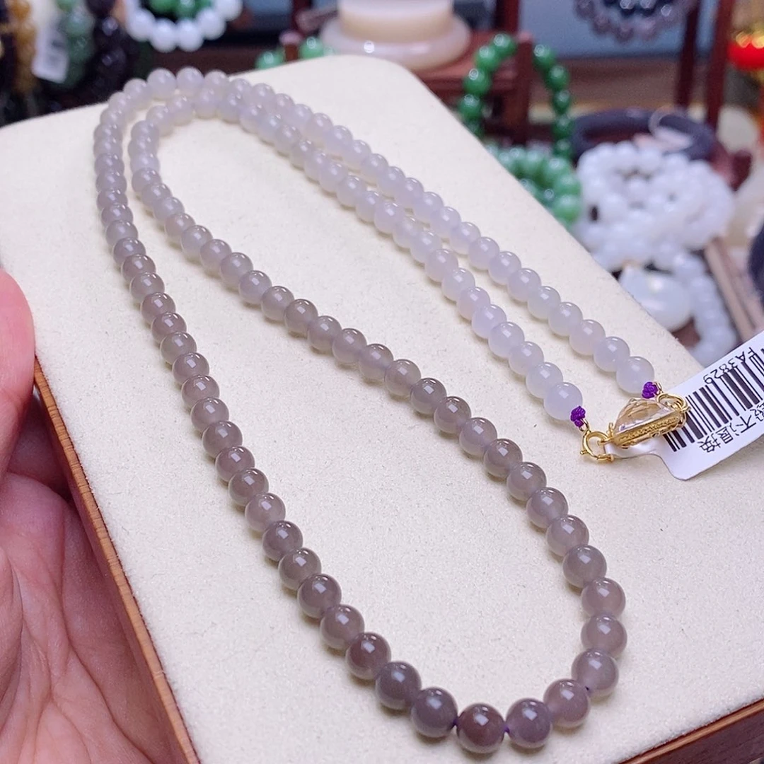 和田玉未镶嵌挂件清货价老坑料冰浓烟紫珠链6m