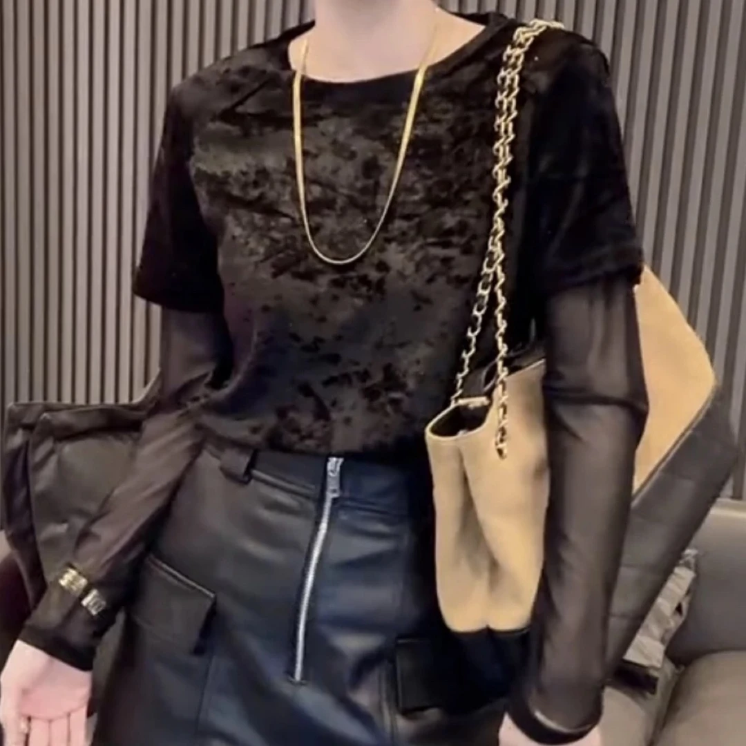 设计感黑色假两件丝绒上衣2025年初秋新款女装简约圆领打底衫T恤