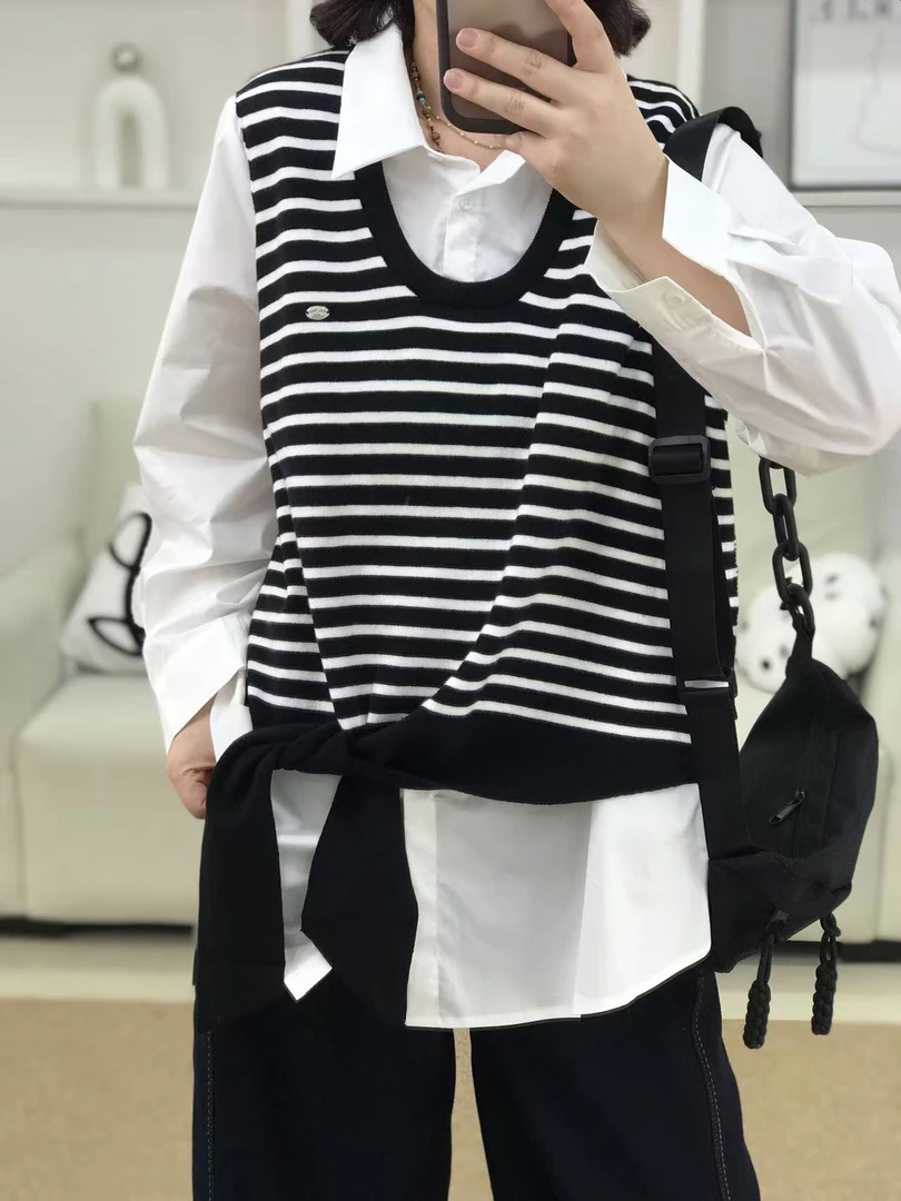 {莹莹推荐}58319秋季大码女装经典条纹拼接假两件长袖T恤