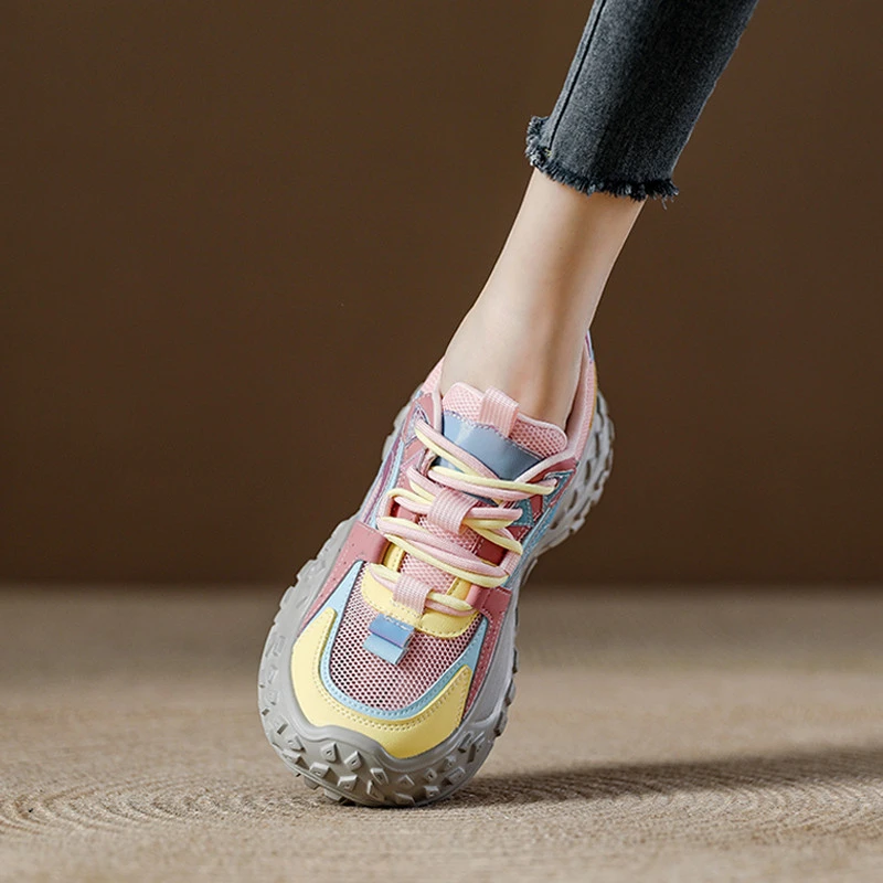 西班牙小众品牌时尚榴莲底女厚底防滑彩色老爹鞋网面运动鞋