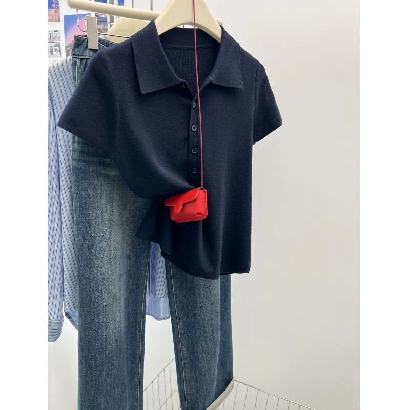 十三行高端欧货藏青色polo领针织短袖t恤女夏季洋气百搭正肩上衣