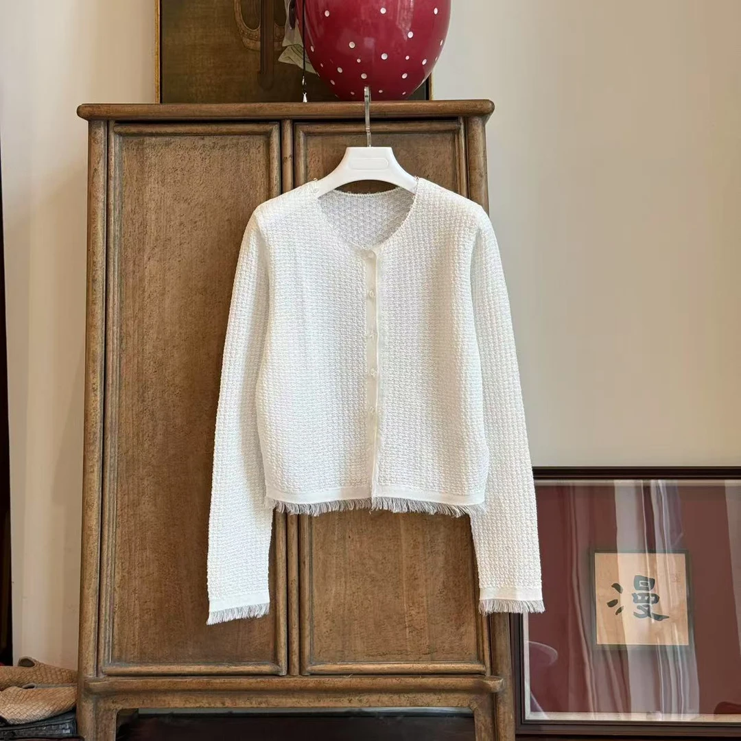 MYL 2025夏季新品三醋酸白色毛边镂空针织开衫圆领长袖单排扣上衣