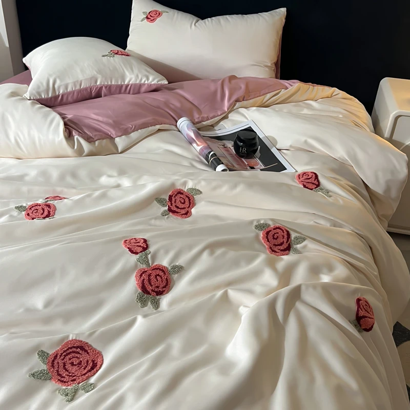 公主风红玫瑰刺绣冰丝凉感被套四件套可机洗被罩床单人宿舍三件套
