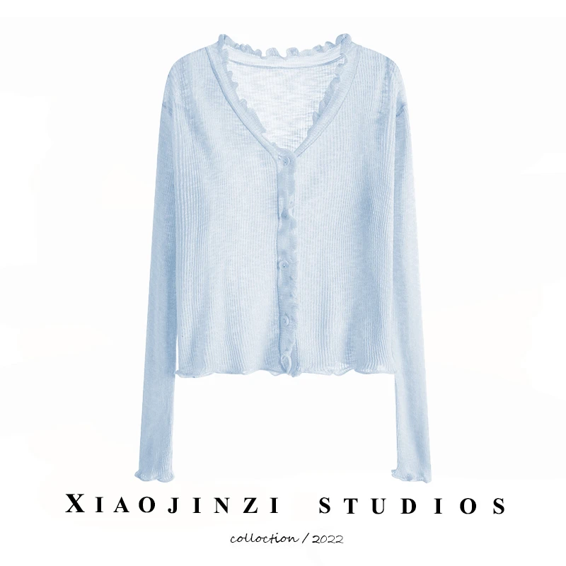 冰丝针织开衫女夏薄短款外搭木耳边防晒空调衫配吊带裙子披肩外套