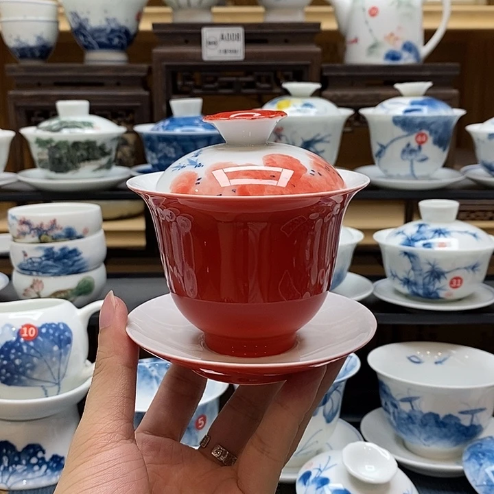 手绘龙船花160cc盖碗釉下彩微瑕福利款