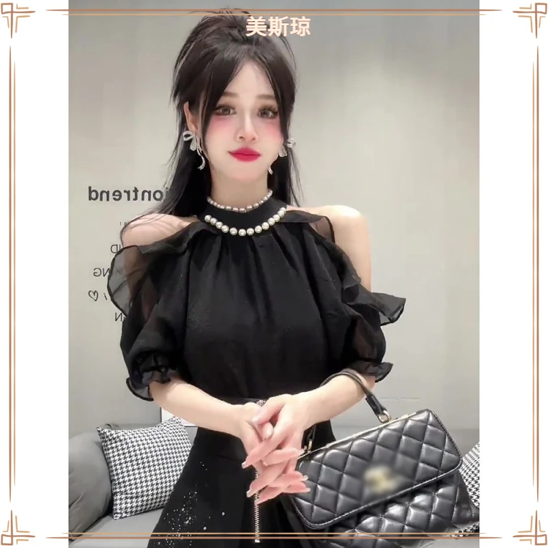 III温柔系穿搭上衣女短袖心机镂空露肩钉珠贝壳流苏挂脖衬衫夏装I