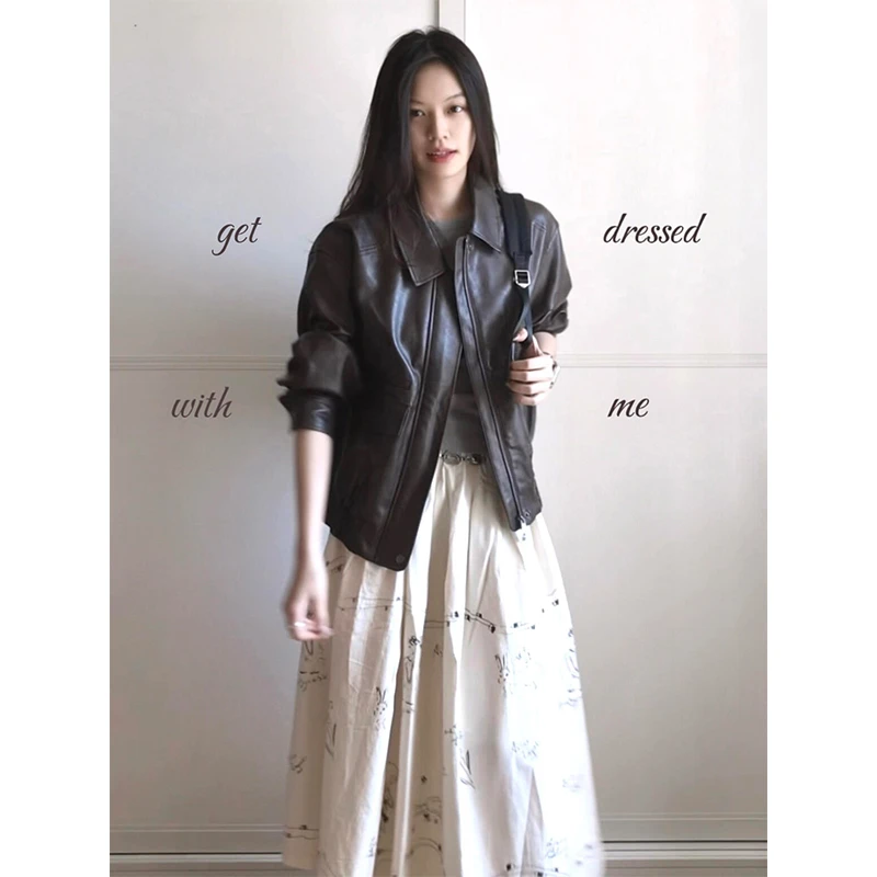 parkyeon秋季新款美式夹克皮衣外套内搭T恤高腰显瘦A字半身裙套装