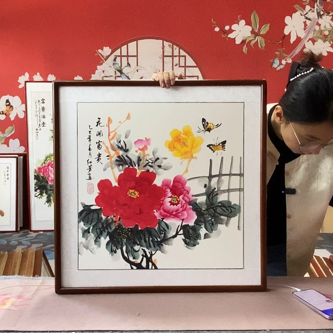国画手写手绘国画作品带框包邮62✖️62