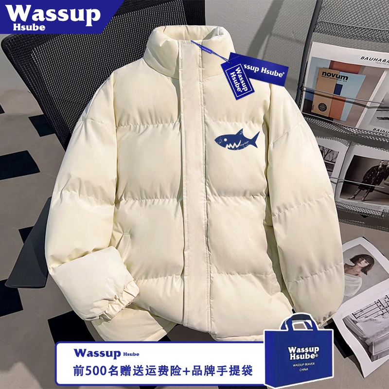 WASSUP HSUBE秋冬男女防风拉链上衣简约小鱼印花加厚米白色棉服