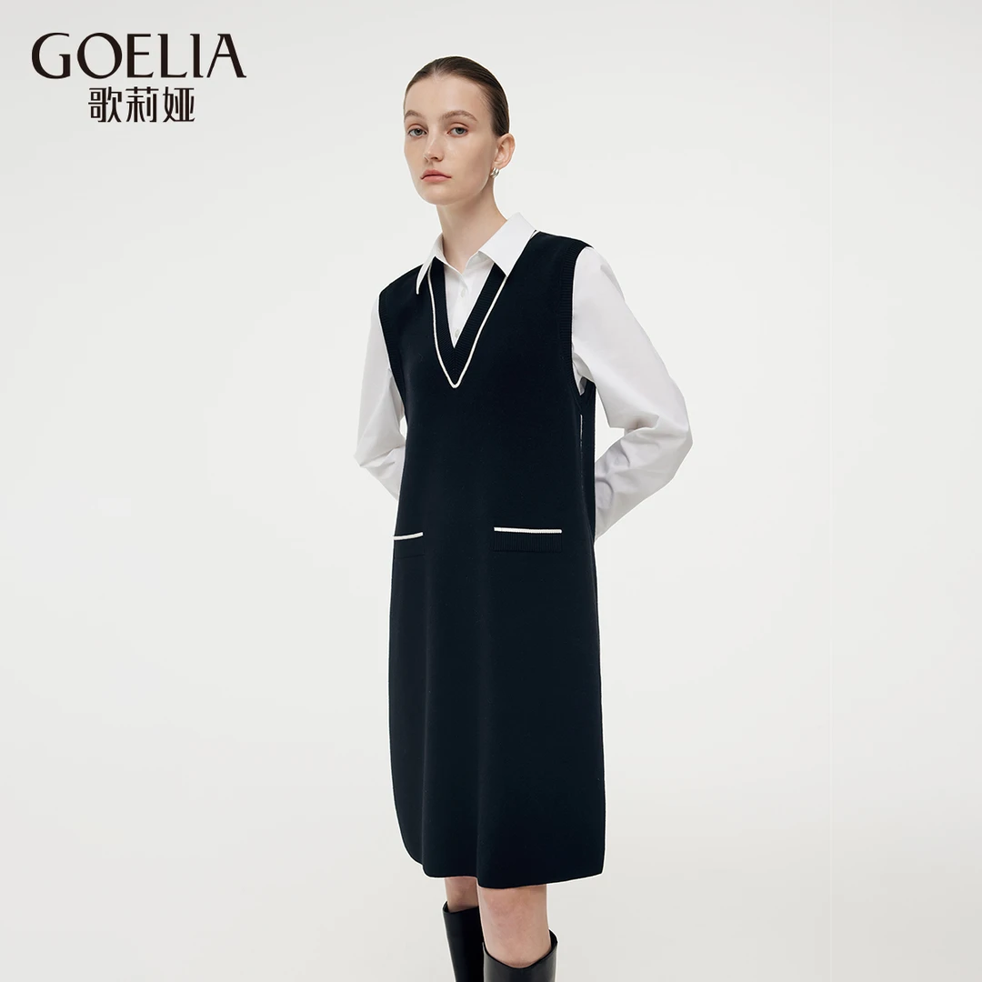 【福利款】歌莉娅拼接天丝绵羊毛连衣裙黑白1E1L4G530