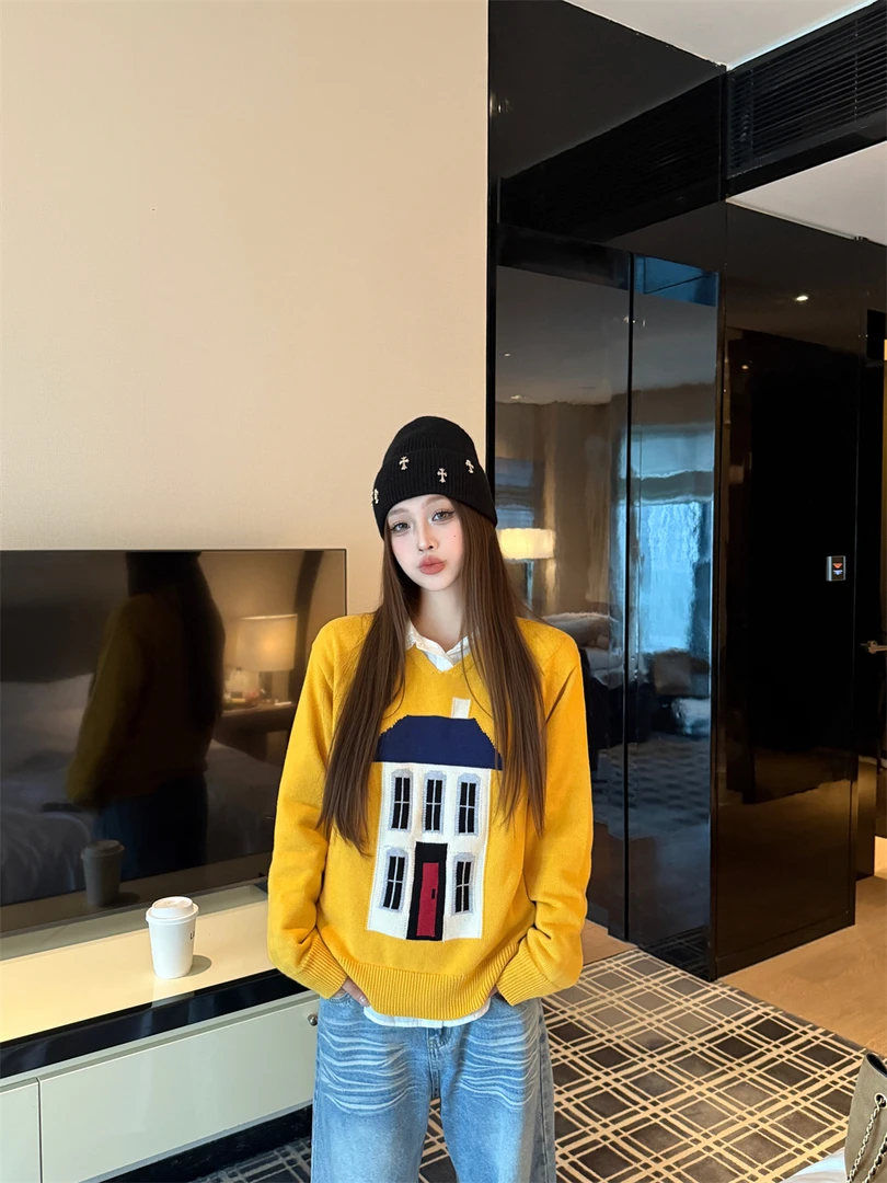 复古黄色趣味房子提花v领毛衣女秋季软糯套头针织衫宽松慵懒上衣
