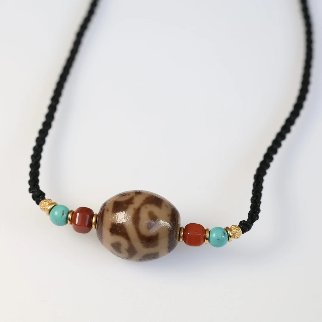 原创设计藏式民族龟甲莲花达洛天珠约21*17mm人工蚀花红肉玛瑙