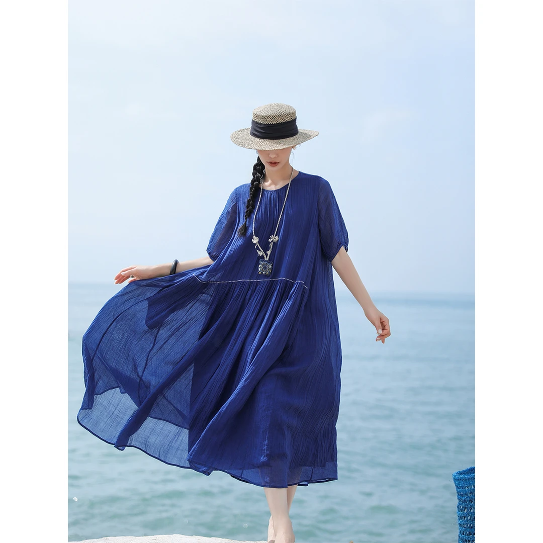 麻霖100支纯苎麻加捻细皱成衣染色轻盈飘逸圆领短袖A摆连衣裙