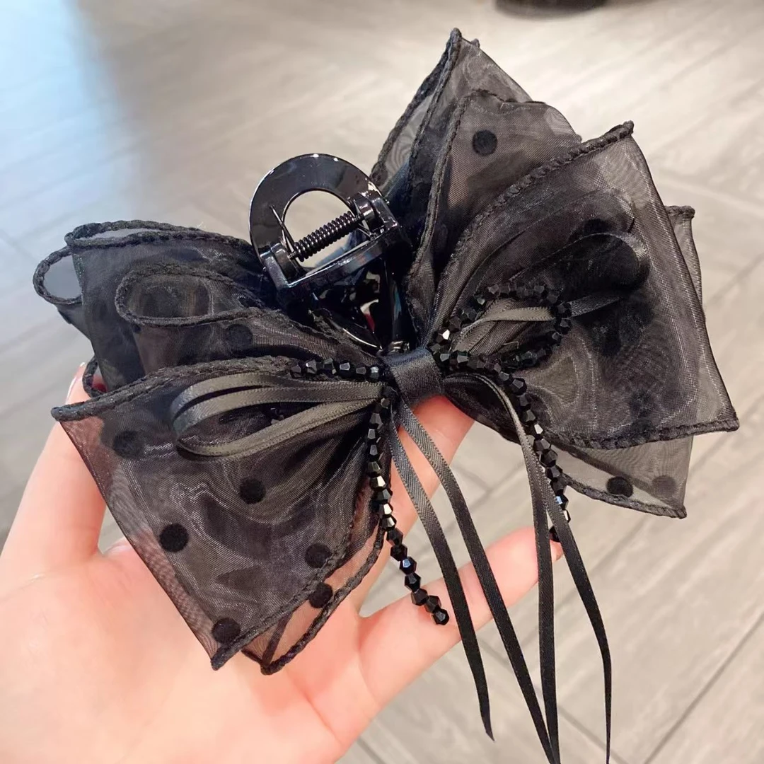 黑色水晶蝴蝶结后脑勺抓夹大号鲨鱼夹发卡韩版精致高级感百搭法式