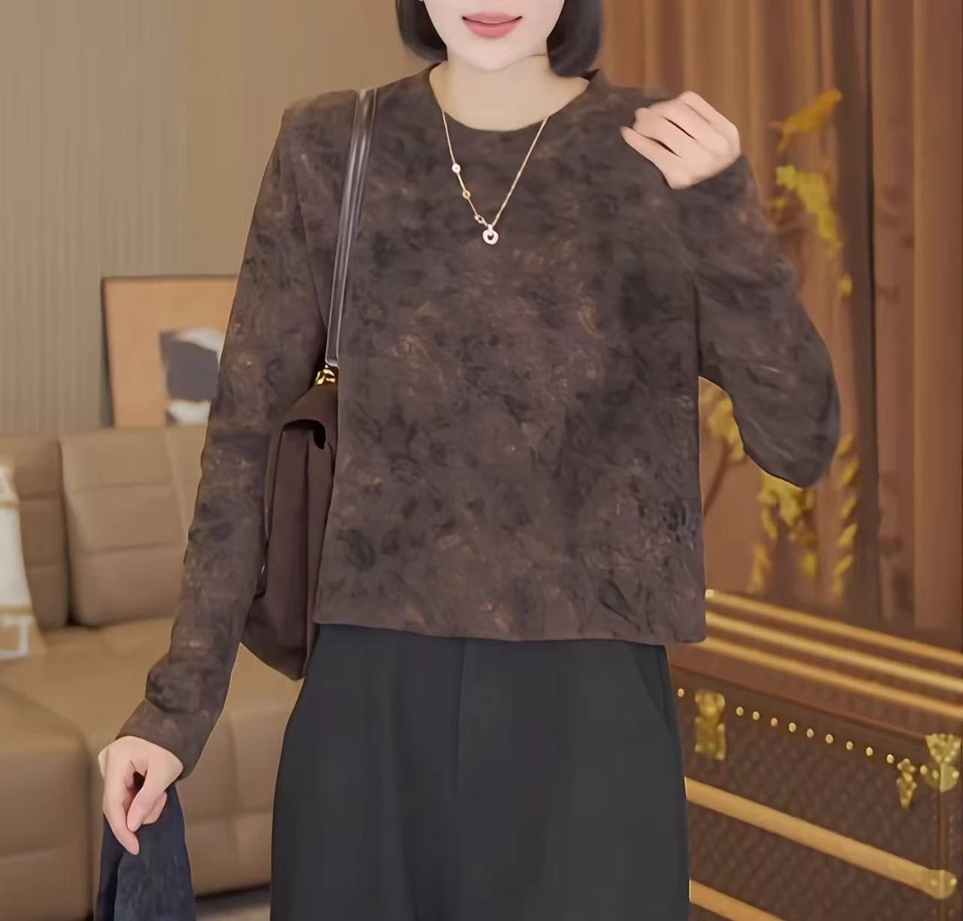 【秋冬画券】时尚休闲宽松百搭长袖上衣女印花圆领T恤内搭打底衫潮