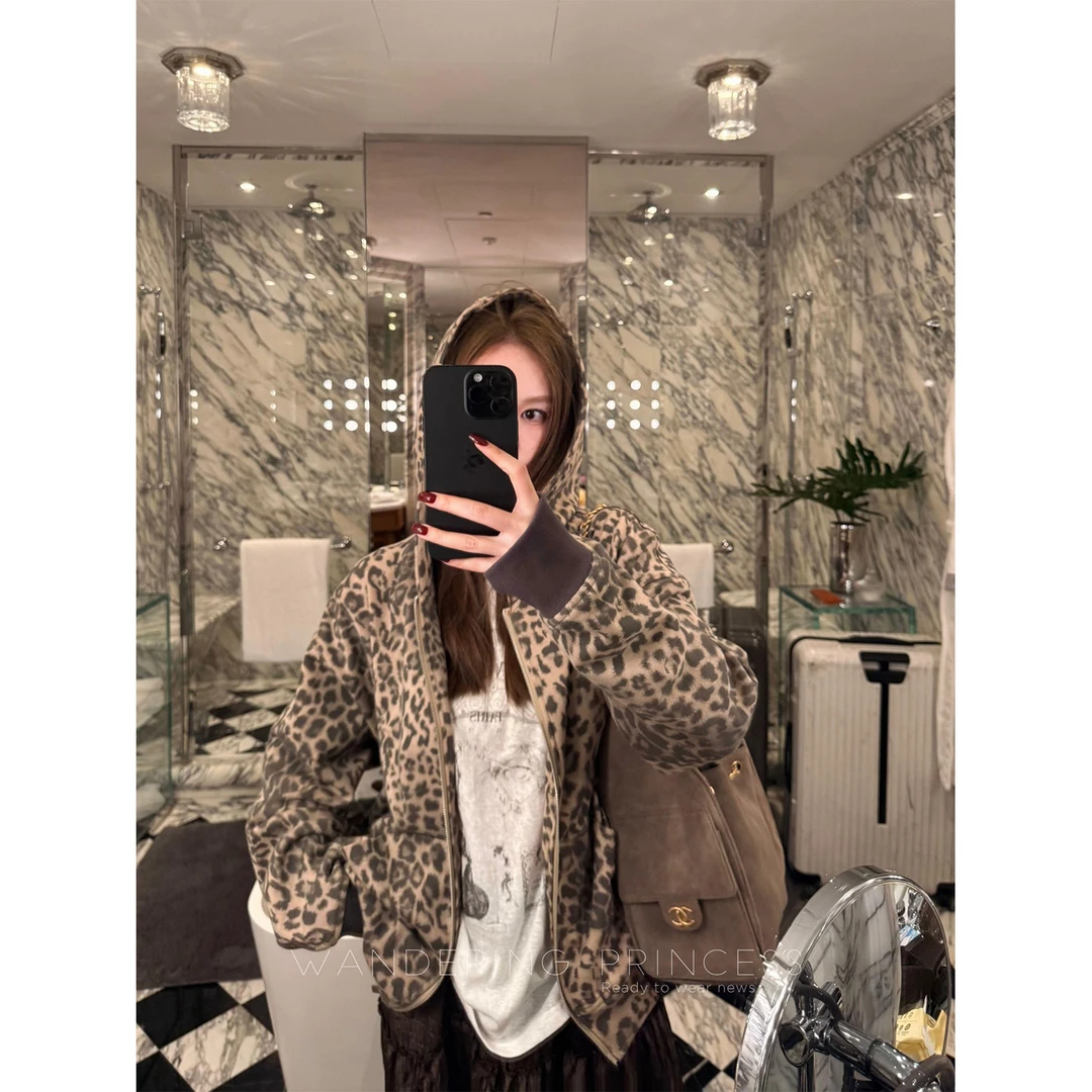 钱美西 定染豹纹复古连帽撞色卫衣 秋季宽松休闲拉链开衫上衣女
