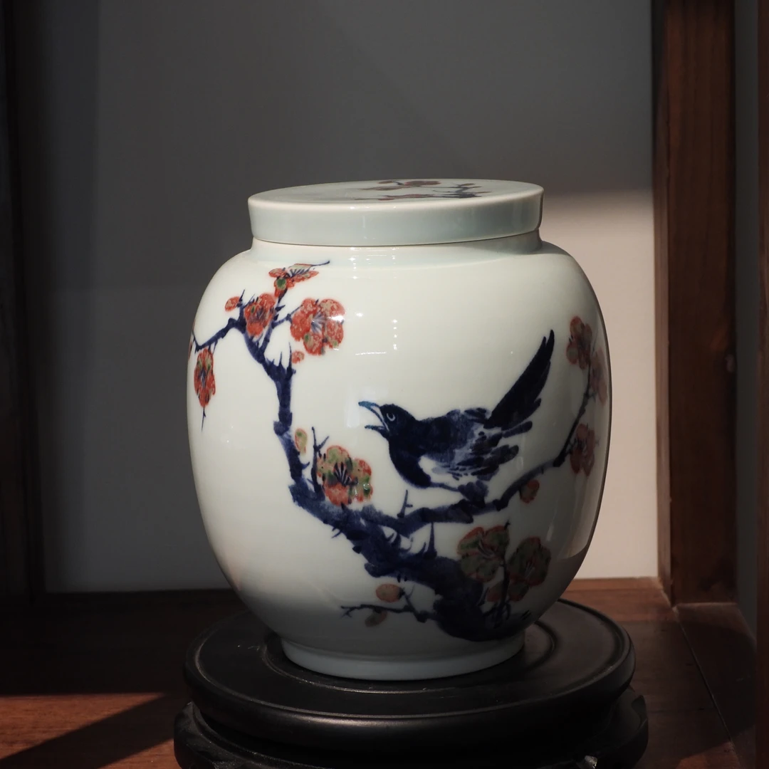 易炎窑原创手工手绘气窑原矿青花釉里红茶叶罐醒茶罐8两罐答谢款