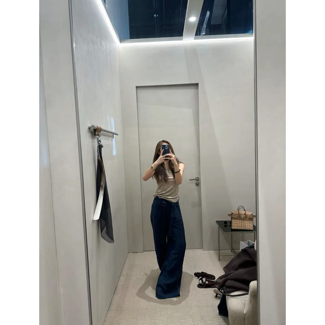 【ASHLEYASS】“机场裤”复古肌理感珠链绣工艺亚麻阔腿裤LSK250554R