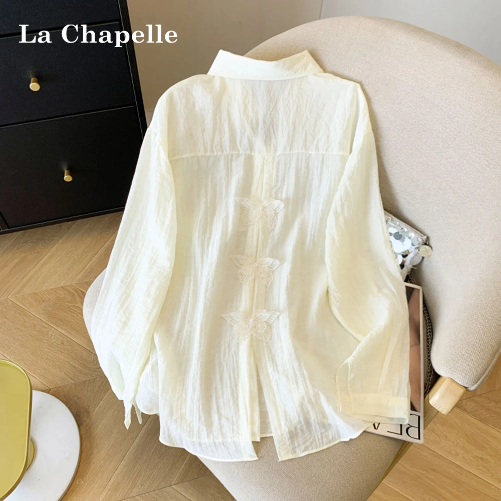 拉夏贝尔薄款衬衫外套女夏季设计感蕾丝蝴蝶拼接开叉宽松衬衣上衣