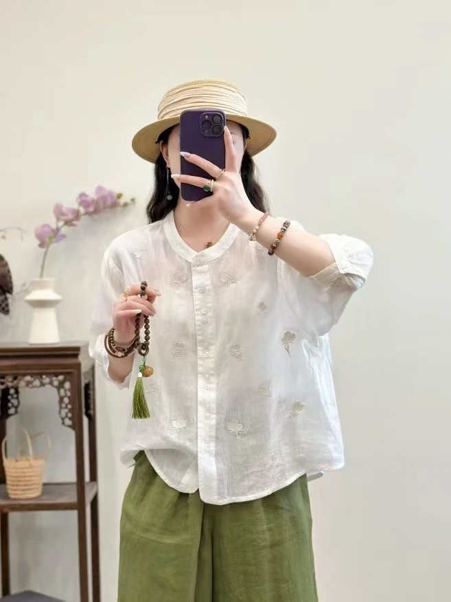 2025春夏新款圆领纯苎麻衬衫纯色刺绣小衫宽松轻薄女上衣百搭潮