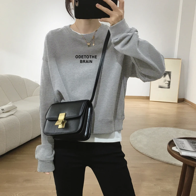 假两件圆领套头短款卫衣女加绒加厚秋冬上衣宽松小个子春秋薄款