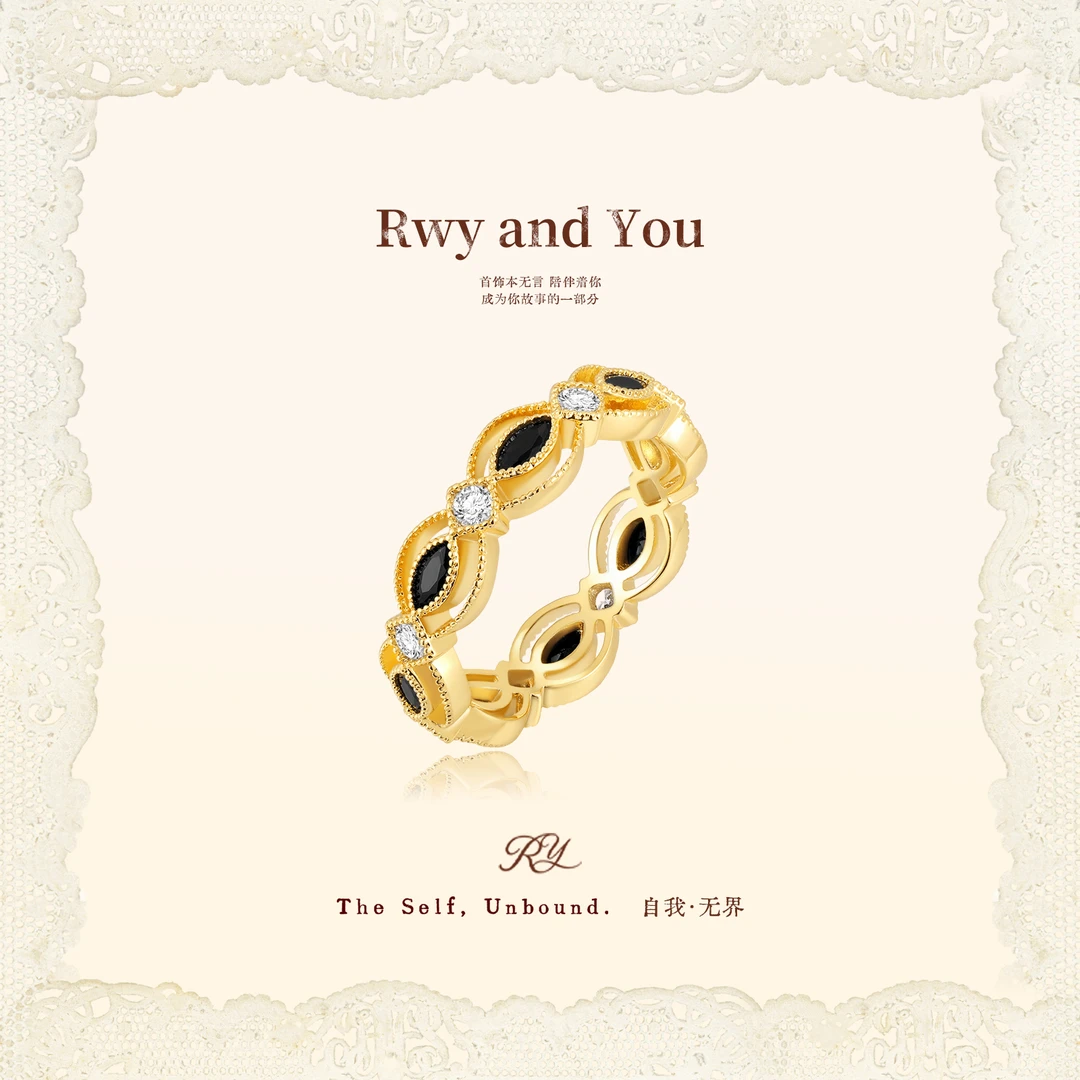 铜合金戒指 Branché【黑色摩登】黑尖轻珠设计感百搭排戒