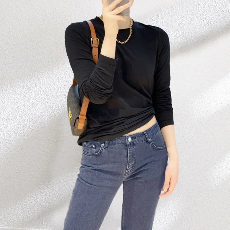 自留两件无比推荐GAO端设计师毛边薄软舒适比马棉长袖打底T恤衫女