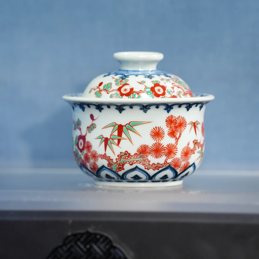 立勤堂红绿彩松竹梅盖碗