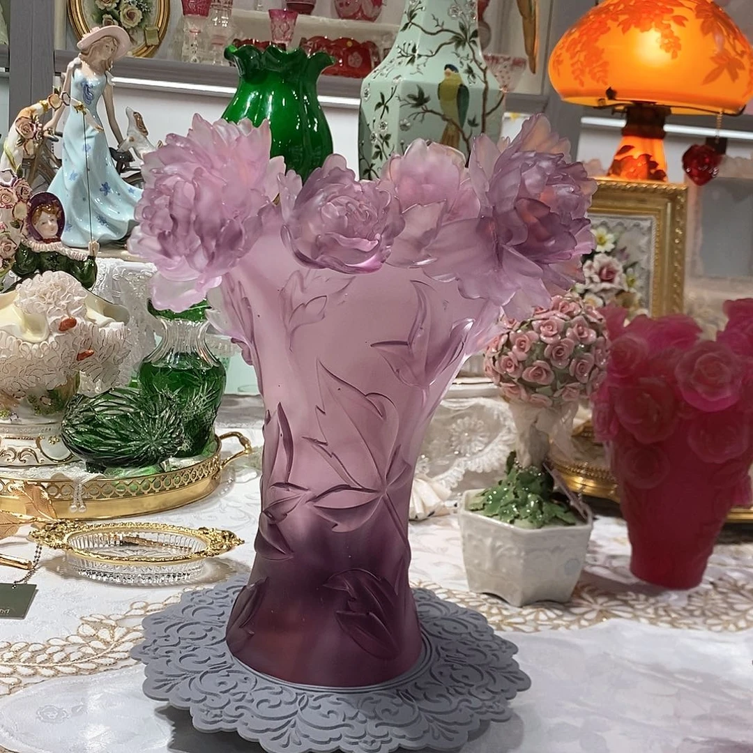 摆件脱蜡水晶牡丹花紫水晶花瓶大号