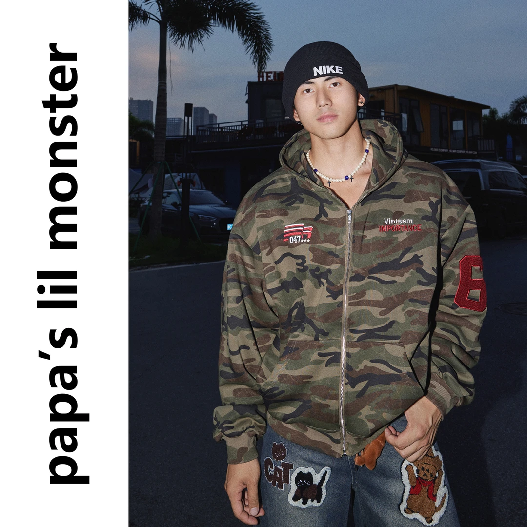 PAPASLILMONSTER【终于下手了】美式复古迷彩字母刺绣连帽卫衣男