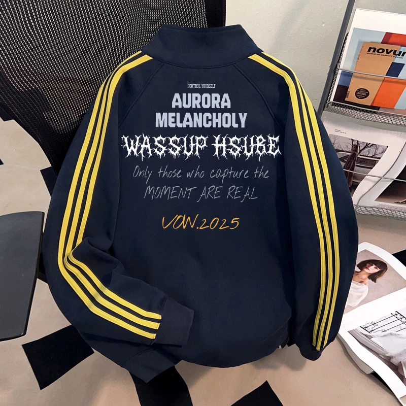 WASSUP HSUBE高级感藏青拉黄三条杠立领开衫卫衣美式潮牌上衣外套