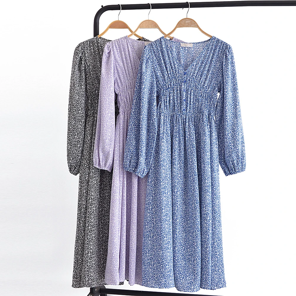 5801碎花连衣裙春装韩版V领高腰束腰显瘦印花长袖中长款a字裙