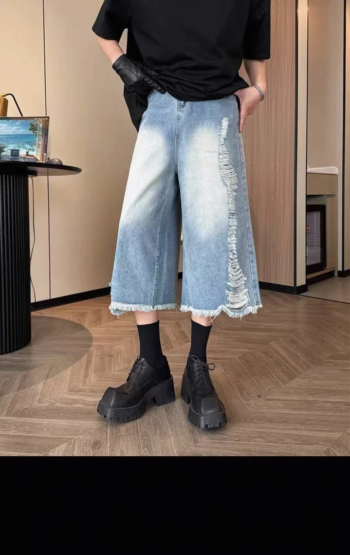 短裤牛仔夏季最新款美式直筒休闲复古高街宽松水洗做旧网红牛仔裤