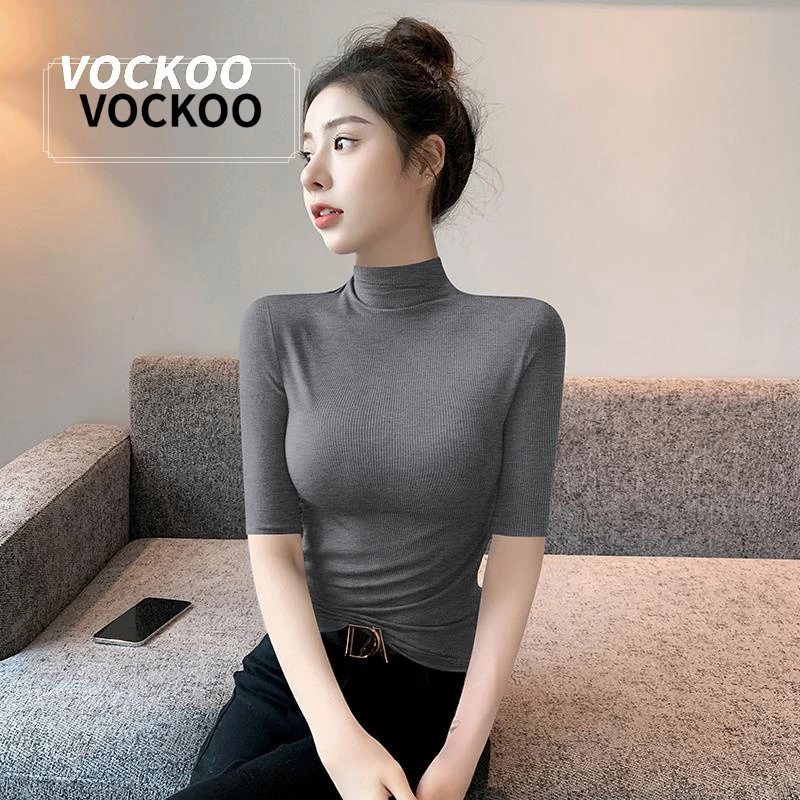 VOCKOO半高领中袖打底衫女2024新款春秋内搭黑色针织五分袖