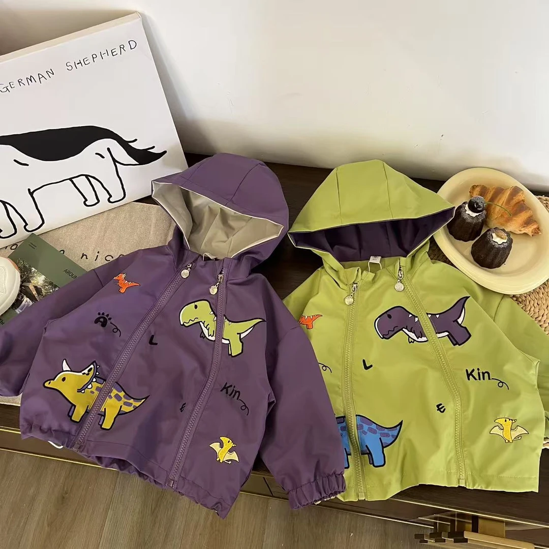 儿童春秋卡通刺绣恐龙双拉链外套H1955