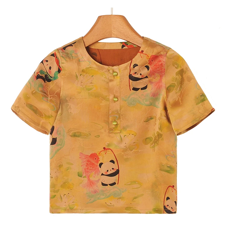 「萌酱熊猫」B031短袖100%桑蚕丝套头衫透孔罗红云纱儿童