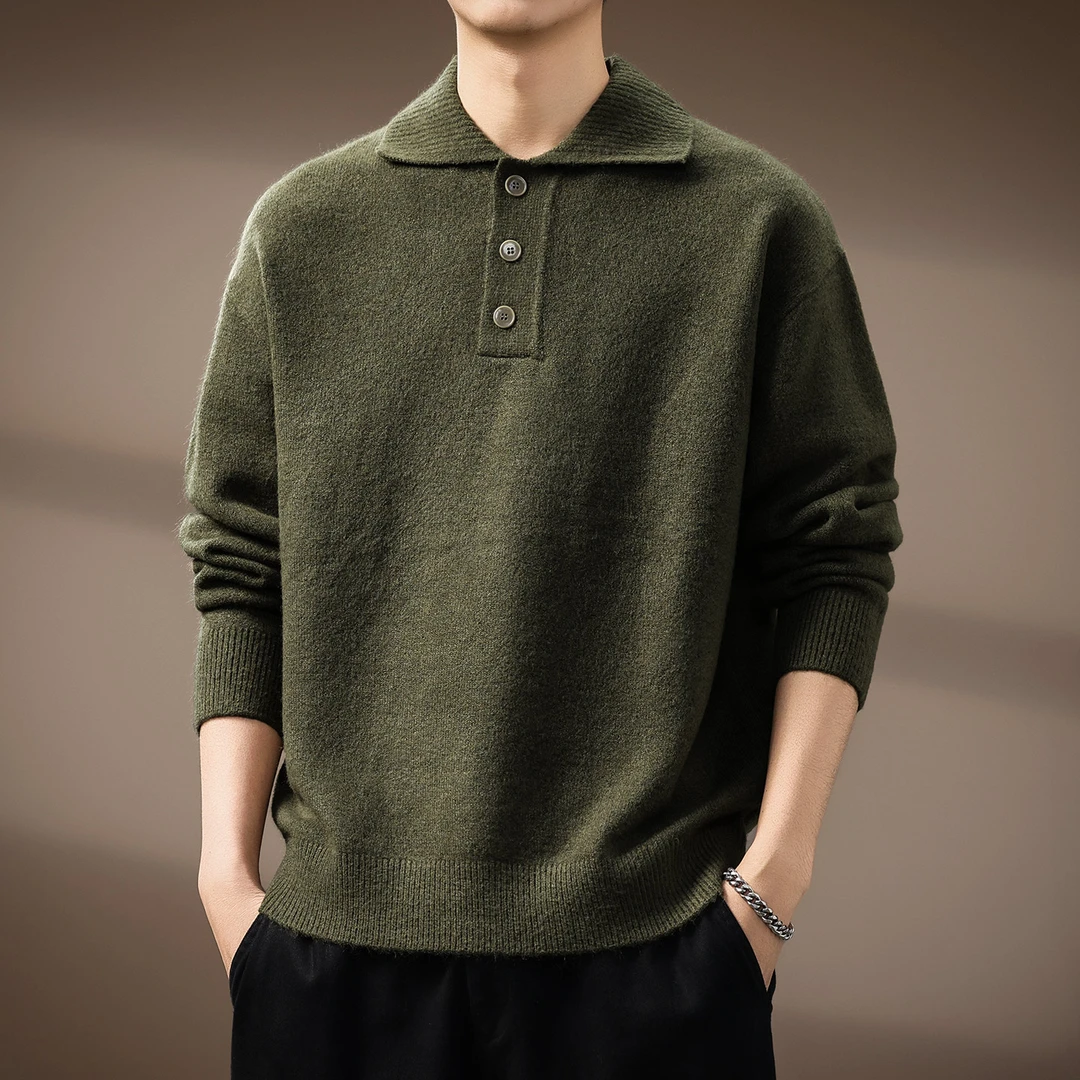 高端美式复古老钱风Polo领毛衣男秋冬新款绒感外套潮牌慵懒针织衫