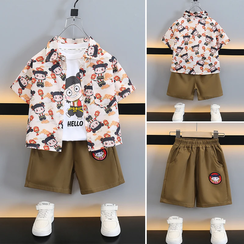 儿童夏装套装2025新款中小童夏季短袖短裤三件套帅气小孩背心衣服