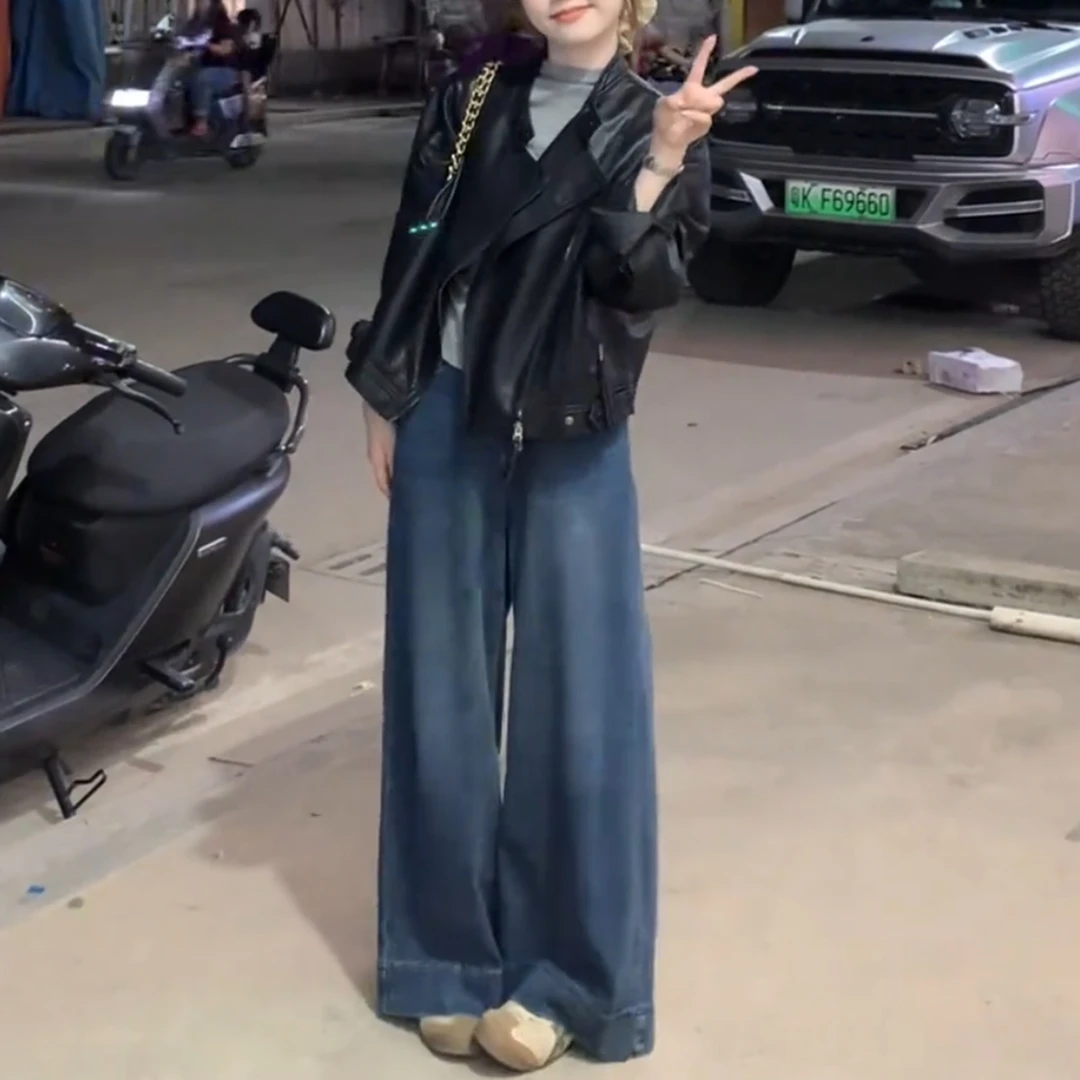 复古牛仔裤女阔腿喇叭裤秋2025新款宽松直筒裤高腰显瘦无弹微喇裤