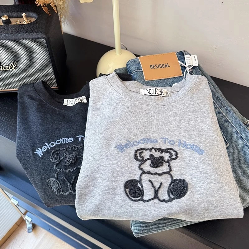 完全不挑身材！新款正肩直筒显瘦立体可爱小熊刺绣纯棉短袖T恤女潮