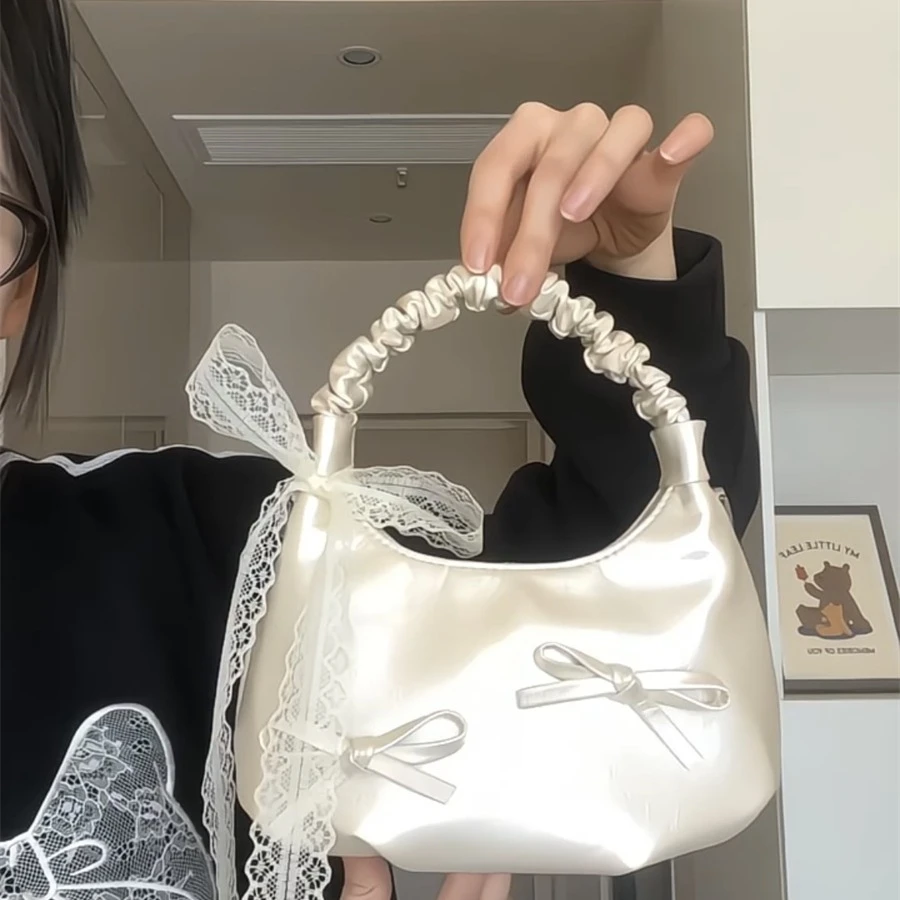 芭蕾风蝴蝶结手提包女韩系甜美少女珠光单肩斜挎包上班通勤小拎包