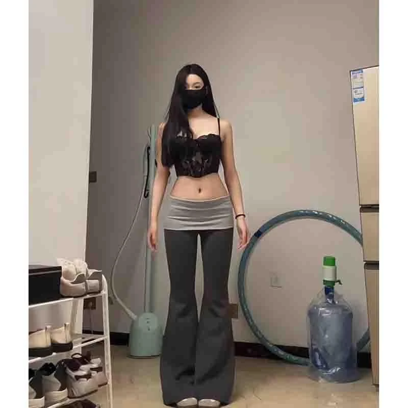 美式拼色翻边灰色微喇叭休闲瑜伽裤女冬季弹力修身拖地裤长裤