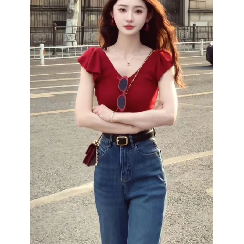 法式V领小飞袖T恤女夏季新款时尚高级感穿搭修身气质显瘦短款上衣