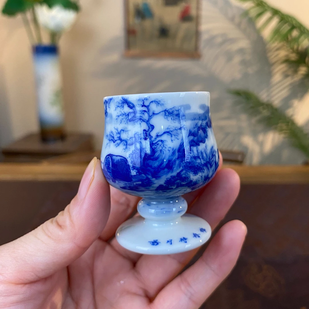 【九茗珍藏】精工山水高脚小酒杯 景德镇纯手工手绘茶器茶具