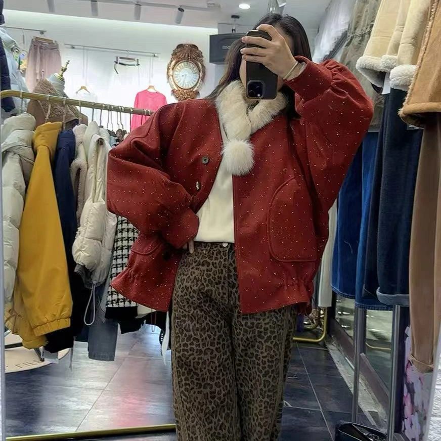 秋冬真毛活领白鸭绒内胆满天星淑女薄羽绒服二棉棉衣毛呢外套洋气