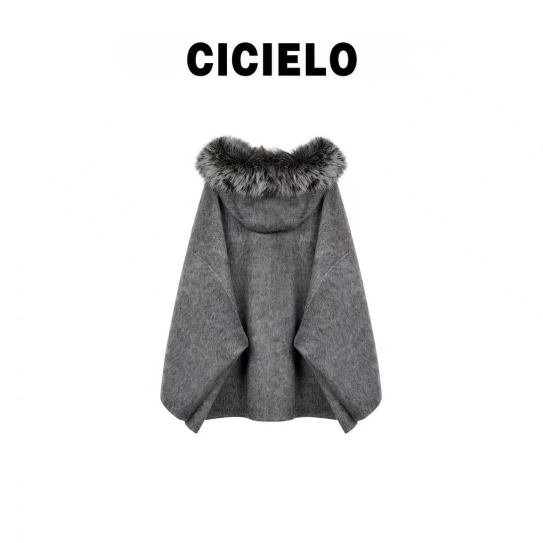 【CICIELO】斗篷式毛领设计师带帽羊毛兔毛桑蚕丝外套休闲秋冬大衣