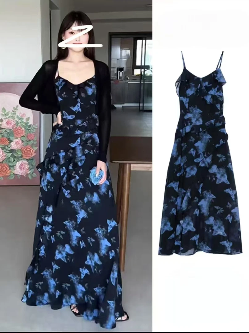 【致爱丽丝】夏季印花蝴蝶碎花掐腰显瘦不规则裙摆长裙